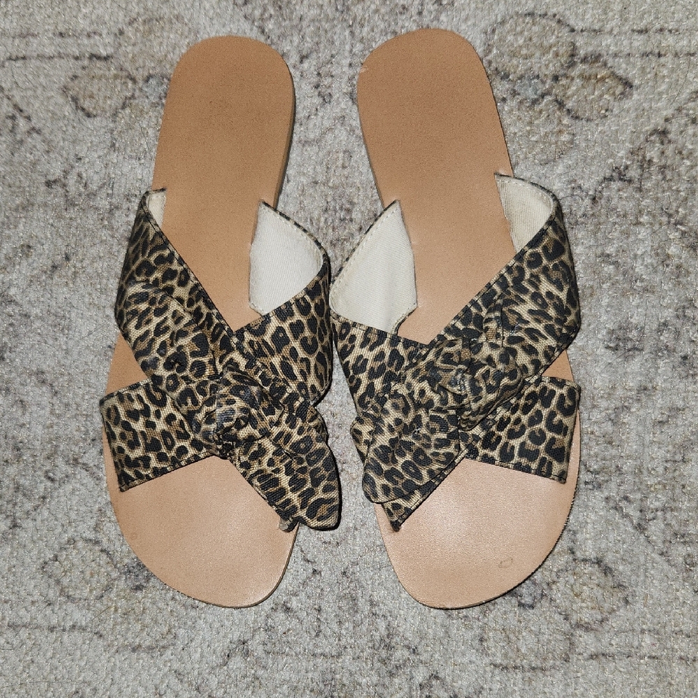 Leopard Print Cross-Band Slide Sandals - Tan/Black